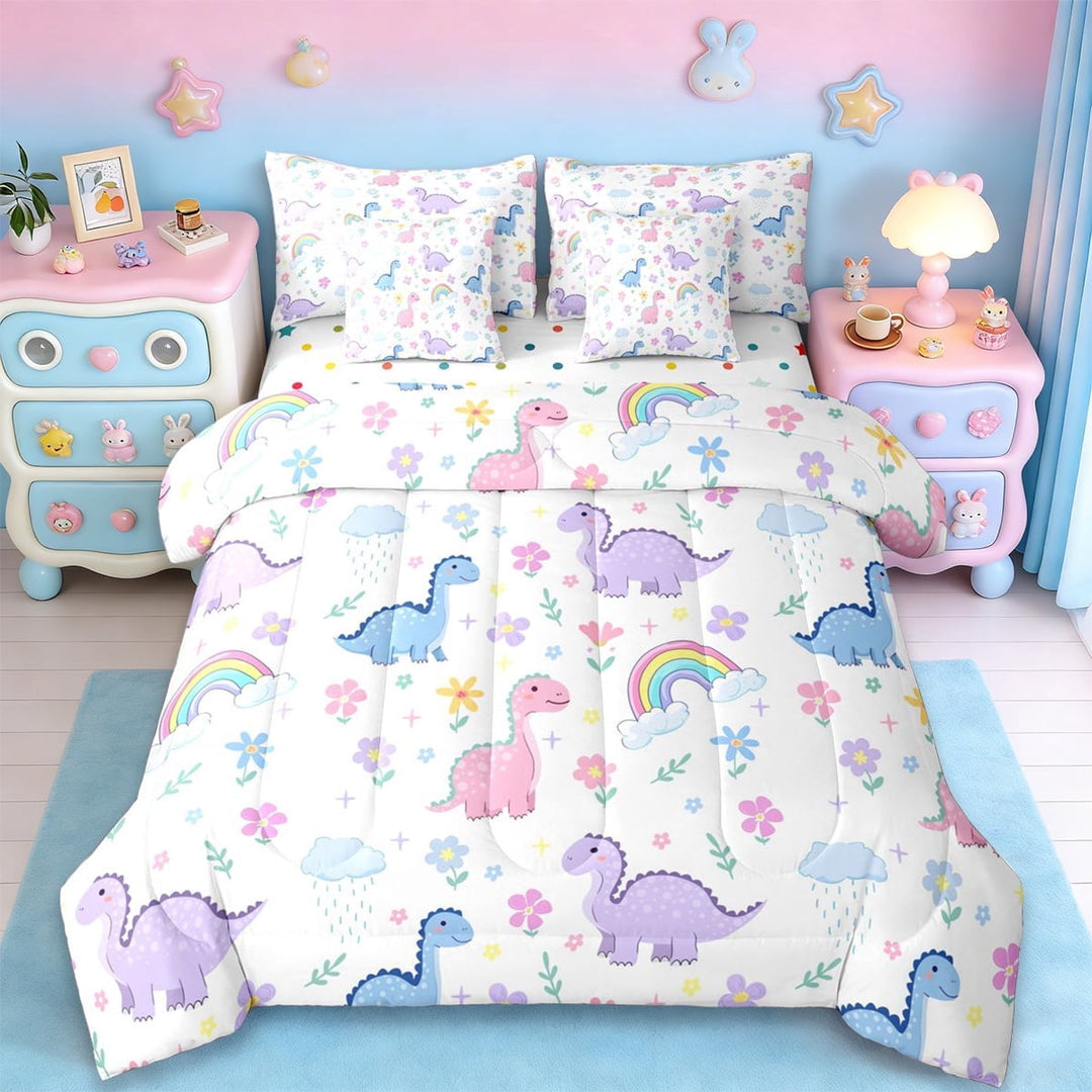 Erosebridal Cute Jungle Dinosaur 7-Piece Twin Bedding Sets For Girls,Colorful Safari Lovely Cute Animals Bedding Comforter Set For Dino Lovers,Reversible