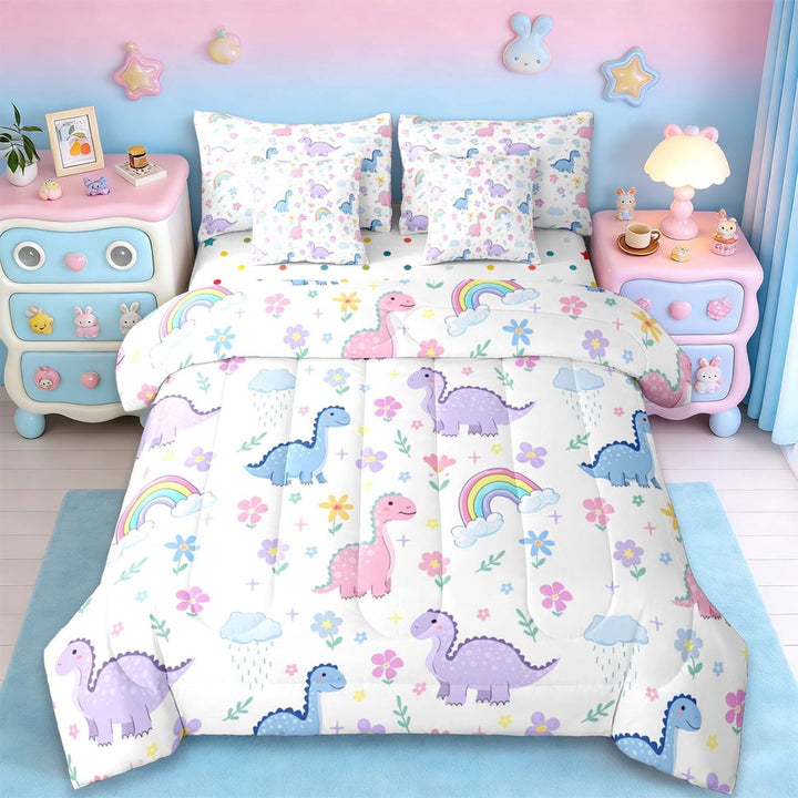 Erosebridal Cute Jungle Dinosaur 7-Piece Twin Bedding Sets For Girls,Colorful Safari Lovely Cute Animals Bedding Comforter Set For Dino Lovers,Reversible