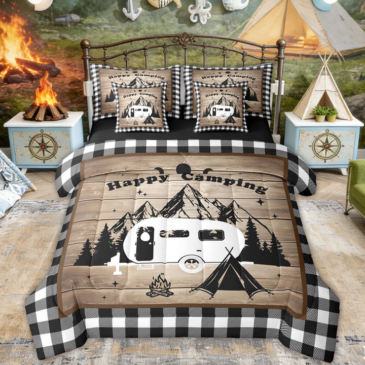 Erosebridal Plaid RV Car Tent Twin Bedding Sets, Rustic Wooden Plank Bedding Comforter Set for Men and Women, 7-Piece