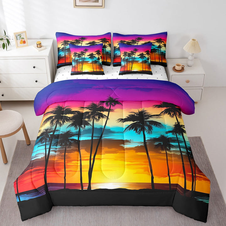 Palm Tree Beach Comforter Set Full 7 Piece Purple Orange Ocean Sunset Bed in a Bag,Boho Tropical Coastal Bedding Sets with 1 Fitted Sheet,1 Flat Sheet,2 Pillowcases,2 Throw Pillow Covers