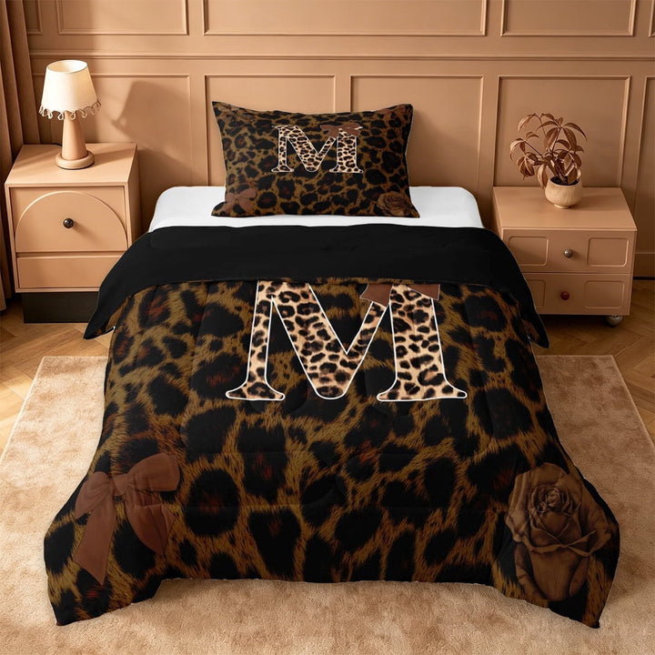 Erosebridal Leopard Pattern Personalized Gifts Twin Comforter Sets,Brown Bowtie Alphabet M Bedding Set For Adult Women,Black Reversible,2-Piece