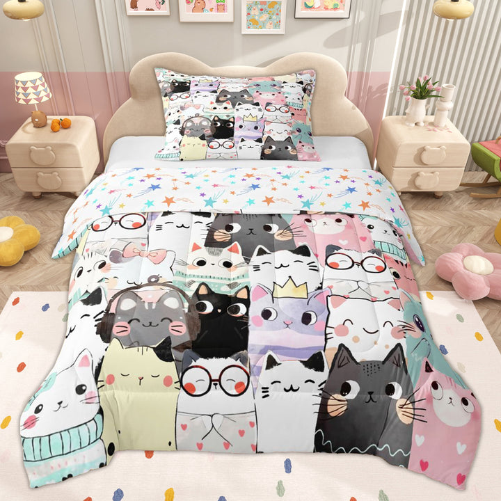 Erosebridal Cute Cat Kids Twin Comforter Sets, Cartoon Kitten Animal Bedding Set, 2 Pieces