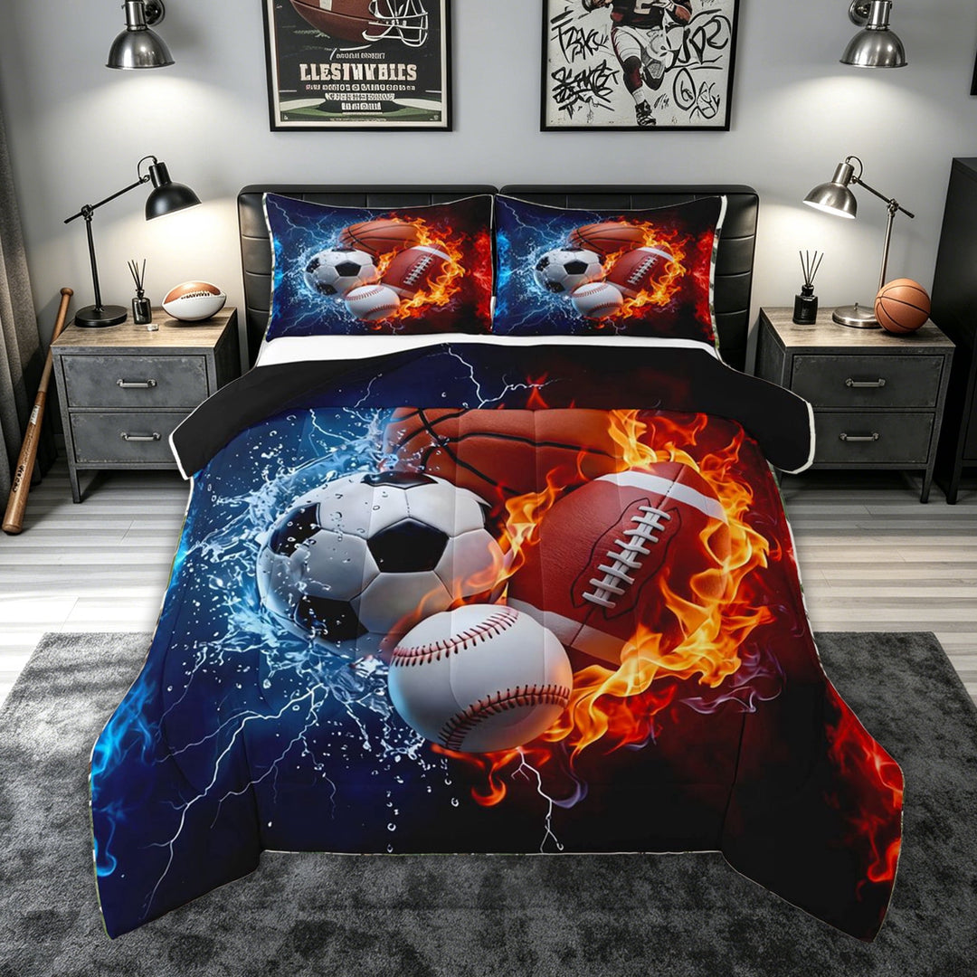 meiyoeat Fire Sports Balls Full Size Comforter Sets for Kids Kids Boys, Ice Lightning Bedding Comforter Set for Bedroom, Red Blue, Black Reversible, 3 Pieces