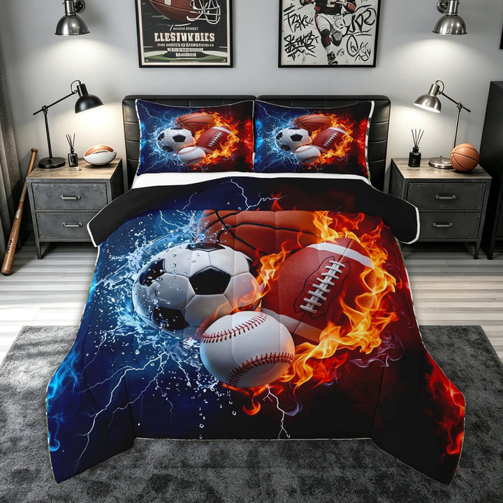 meiyoeat Fire Sports Balls Full Size Comforter Sets for Kids Kids Boys, Ice Lightning Bedding Comforter Set for Bedroom, Red Blue, Black Reversible, 3 Pieces