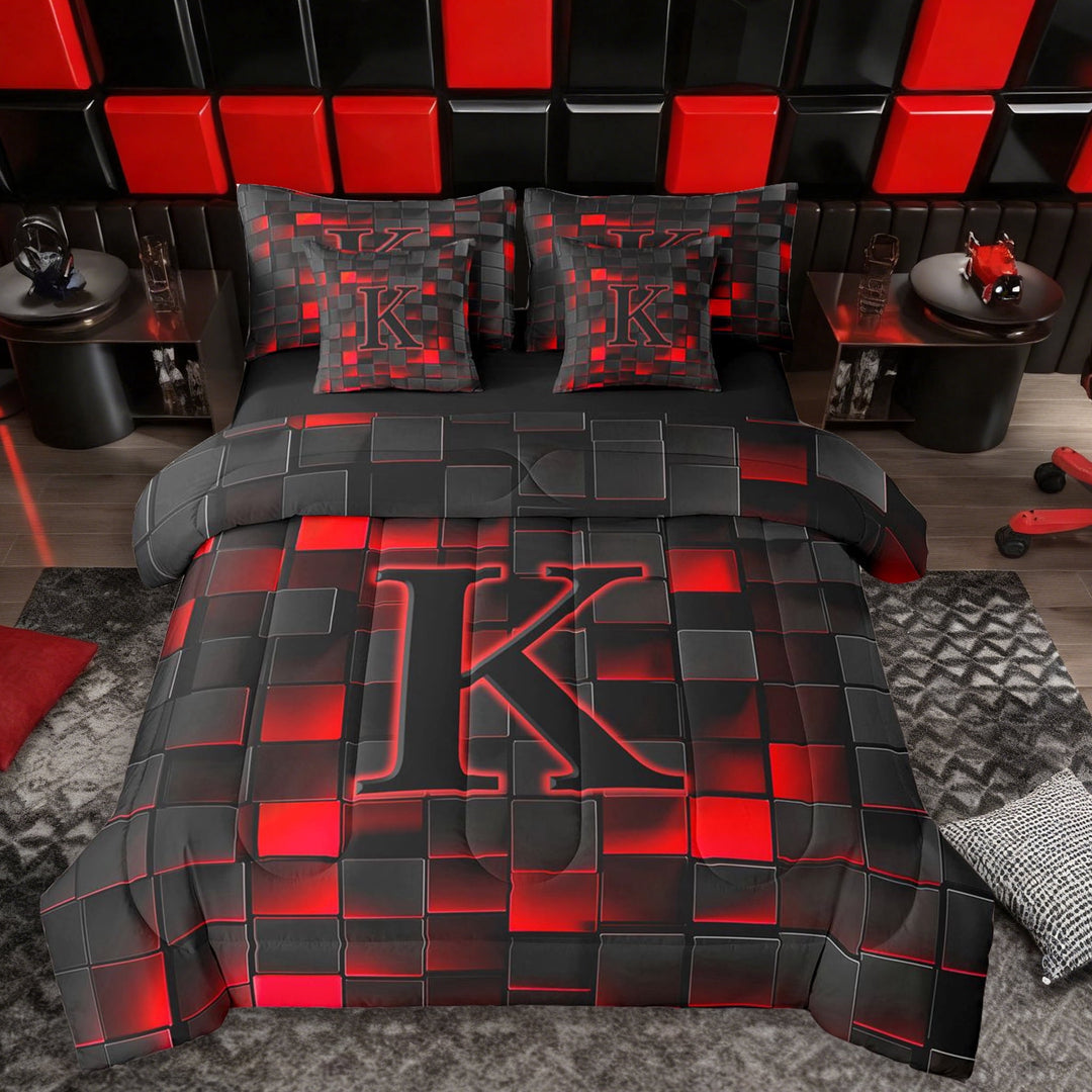 Erosebridal Girls Boys Neon Lights Futuristic Cubes Twin Bedding Sets 7-Piece,K Letter Monogrammed Black Red Bedding Comforter Set For Kids Teens,Black Reversible