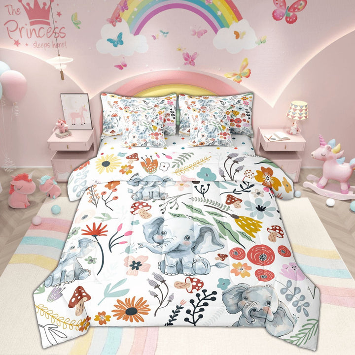 Cute Elephant Comforter Set 7 Piece Bed in a Bag Twin,Mushroom Floral Cartoon Animal Bedding Sets Watercolor Flowers Leaves Sheet Set with Comforter
