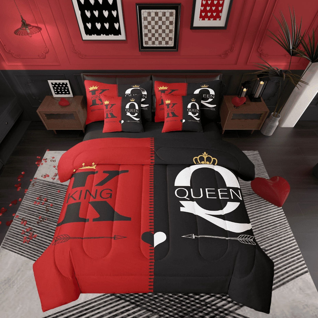 King And Queen Crown Queen Comforter Set 7 Piece Black Red Mr Mrs Bedding Set For Adults Men Women,His And Hers Couple Bed In A Bag Valentine&