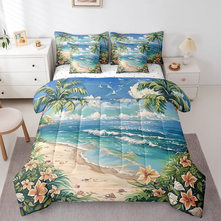 Erosebridal Marine Wave Bedding Sets Twin Size, Hawaii Beach Comforter Sets with Sheets, Tropic Floral Plant Decor, Reversible