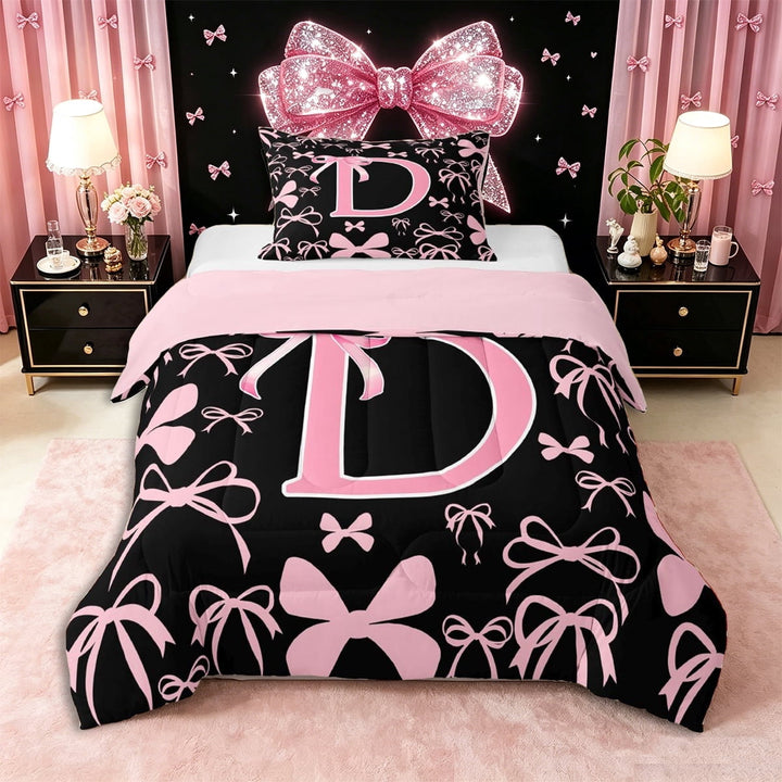 Erosebridal Ribbon Bow Knot D Personalized Initial Twin Comforter Sets 3-Piece,Black Pink Bow Tie Bedding Set,Pink Reversible,Ultra Soft Home Decor