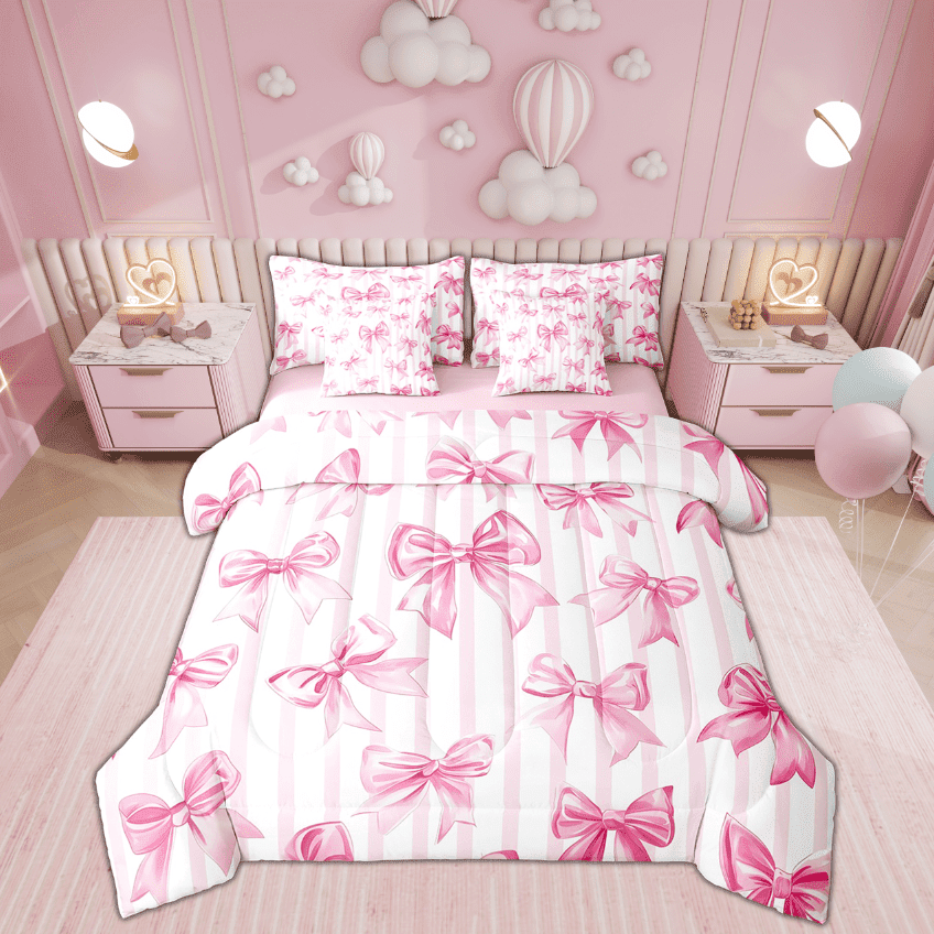 Erosebridal Pink Bowknot Bed in a Bag Twin size, Geometric Stripe Bed Set, Bow-Tie Room Decor, Microfiber 7pcs