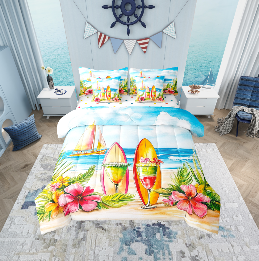 Erosebridal Tropical Flower Bedding Sets Twin Size, Surfboard Comforter Sets with Sheets, Beach Ocean Reversible Bed Set, Super Cozy Bedroom Decor, 7pcs