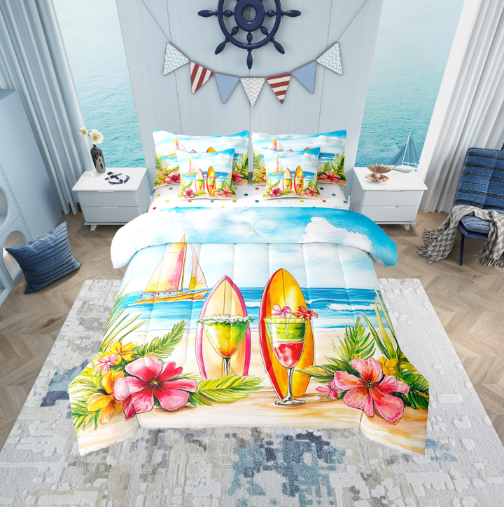 Erosebridal Tropical Flower Bedding Sets Twin Size, Surfboard Comforter Sets with Sheets, Beach Ocean Reversible Bed Set, Super Cozy Bedroom Decor, 7pcs