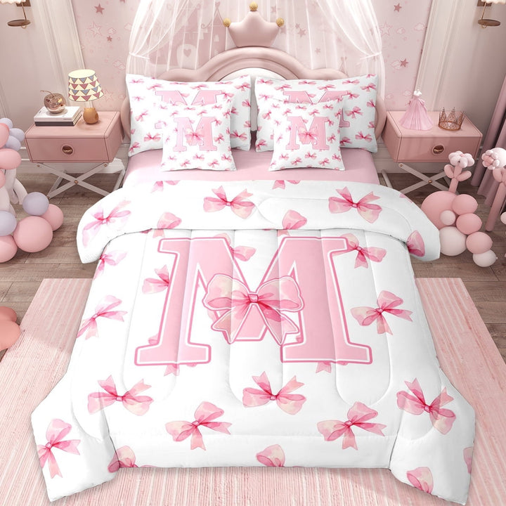 Erosebridal Aesthetic Coquette Bowknot 7-Piece Twin Bedding Sets,Letter M Monogrammed Bedding Comforter Set For Girls Kids,Reversible