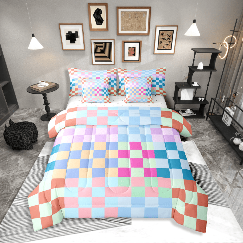 Erosebridal Geometric Buffalo Bedding Sets Twin Size,Checkered Grid Comforter Sets with Sheets,Plaid Room Decorative,Breathable,7-Piece