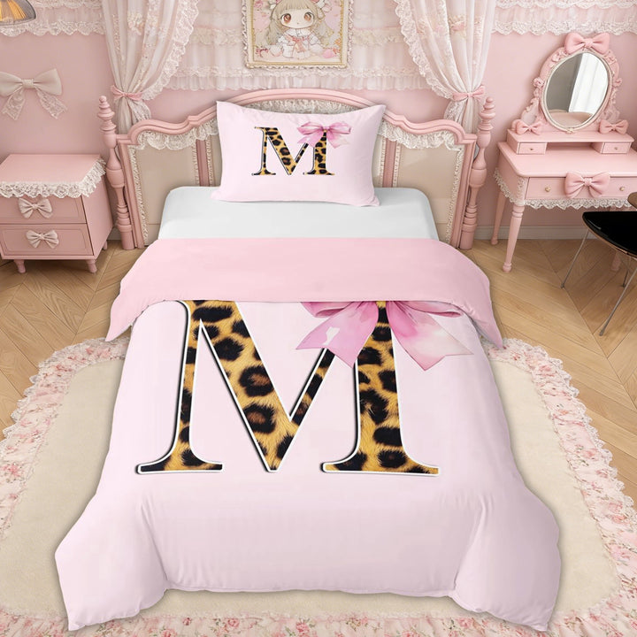 Erosebridal Girly Pink Ribbon Twin Bedding, Fashion Cheetah Print M Letter Duvet Cover Set for Girls Kids, Pink Reversible, 1 Duvet Cover and 1 Pillowcase (No Comforter), 2 Pieces