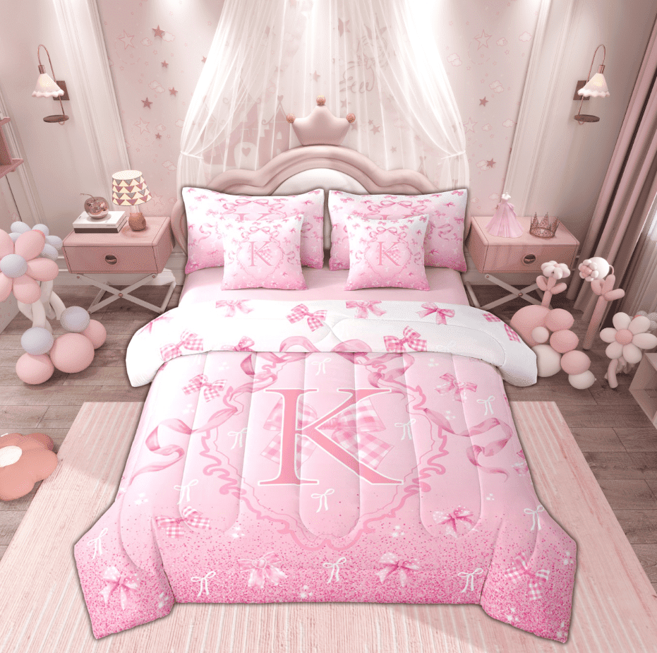 Manfei Initial Letter K Bedding Comforter Set 7 Pieces, Cute Princess Bowknot Full Bedding Set, Teens Boys Girls Kids Reversible Fitted Sheet Flat Sheet, Microfiber Bedroom Decor