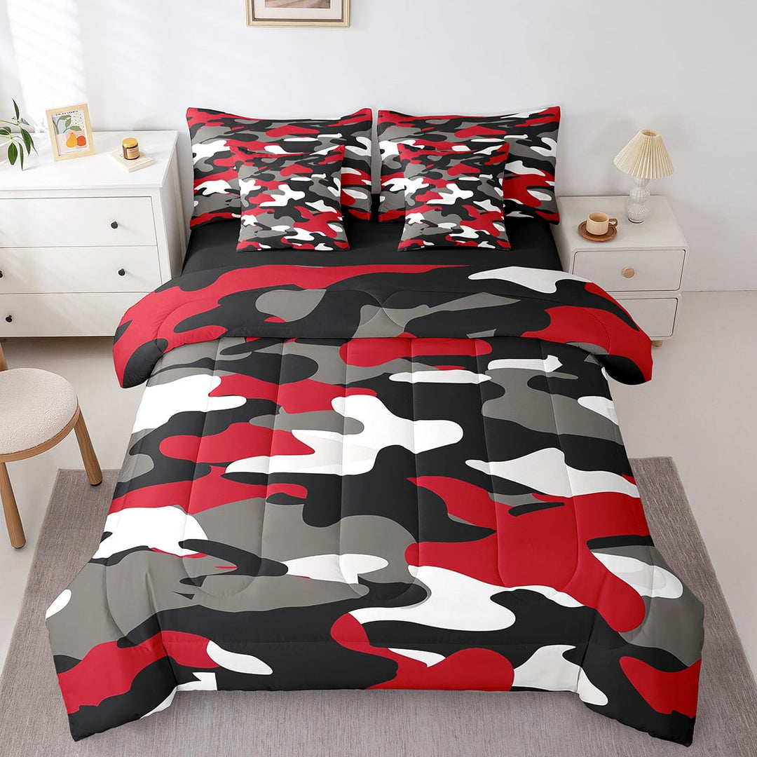 Camo Comforter Set 7 Piece Queen Size, Army Camouflage Bedding Sets Teens Adult, Black White Militarily Bed In A Bag Abstract Art Colorful Comforter With Sheet Set