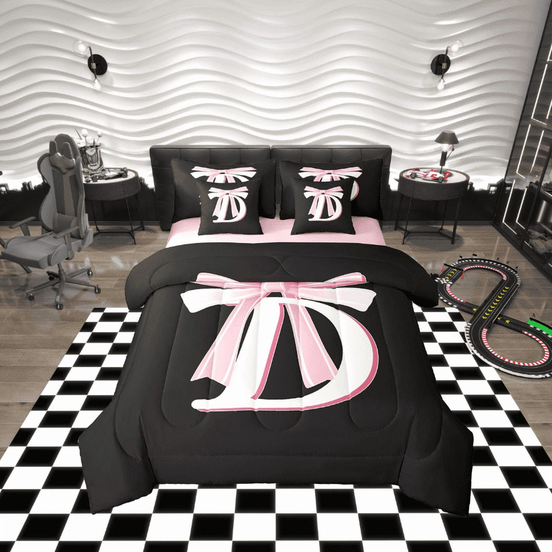 Erosebridal Initial Letter D Bedding Sets Twin Size, Black Pink Comforter Sets with Sheets, Kawaii Bow-tie Reversible Bed Set, Lightweight Room Decorative, 7pcs