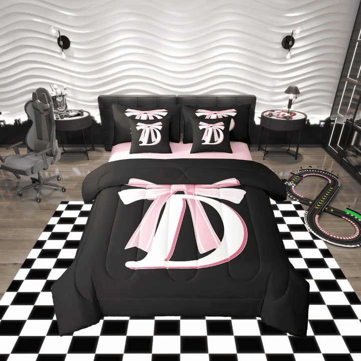 Erosebridal Initial Letter D Bedding Sets Twin Size, Black Pink Comforter Sets with Sheets, Kawaii Bow-tie Reversible Bed Set, Lightweight Room Decorative, 7pcs