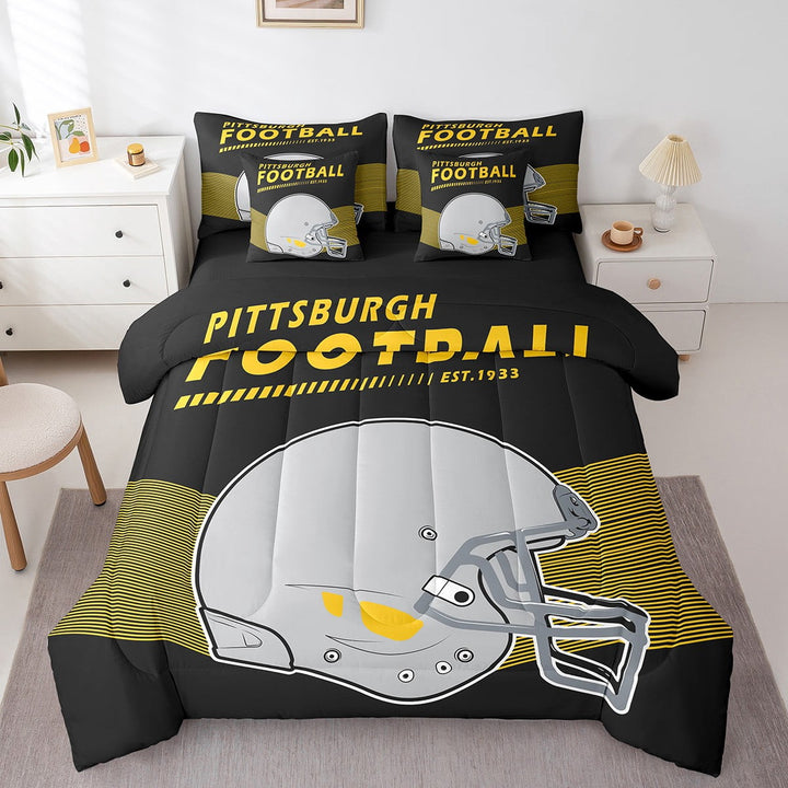 American Football Comforter Set with Sheets 3D Ball Game Comforter Set Bed-in-a-Bag King 7-Piece,Pittsburgh(1 Comforter, 1 Flat Sheet 1 Fitted Sheet 2 Pillowcases 2 Throw Pillow Covers)