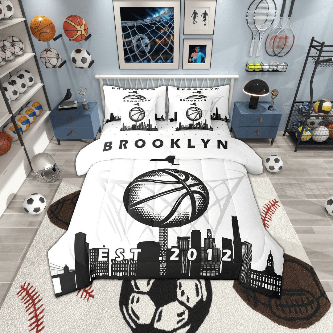 7 Pcs Comforter Set Twin Size, Basketball Bed in a Bag with Flat Sheet and Fitted Sheet and Adults,Sports Bedding Set with Pillowcase and Sham,Brooklyn