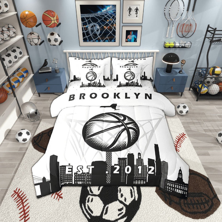 7 Pcs Comforter Set Twin Size, Basketball Bed in a Bag with Flat Sheet and Fitted Sheet and Adults,Sports Bedding Set with Pillowcase and Sham,Brooklyn