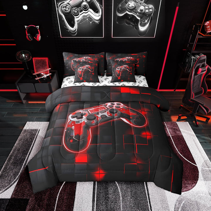 7 Piece Gamer Twin Bedding Sets ,Red and Black Gaming Comforter Set with Sheets,Neon Geometric Checkered Bed in a Bag,Video Games Bed Set with Pillowcases &amp; Shams