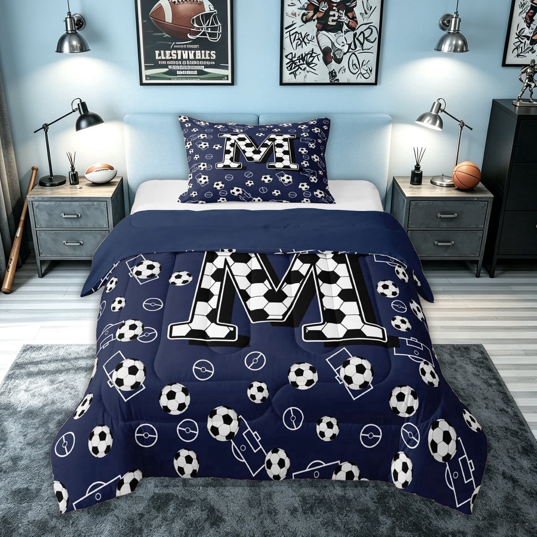meiyoeat Soccer Letter M Full Size Comforter Sets for Boys, Sports Football Bedding Comforter Set for Kids, Navy Blue, Blue Reversible, 3 Pieces, 1 Comforter and 2 Pillowcases