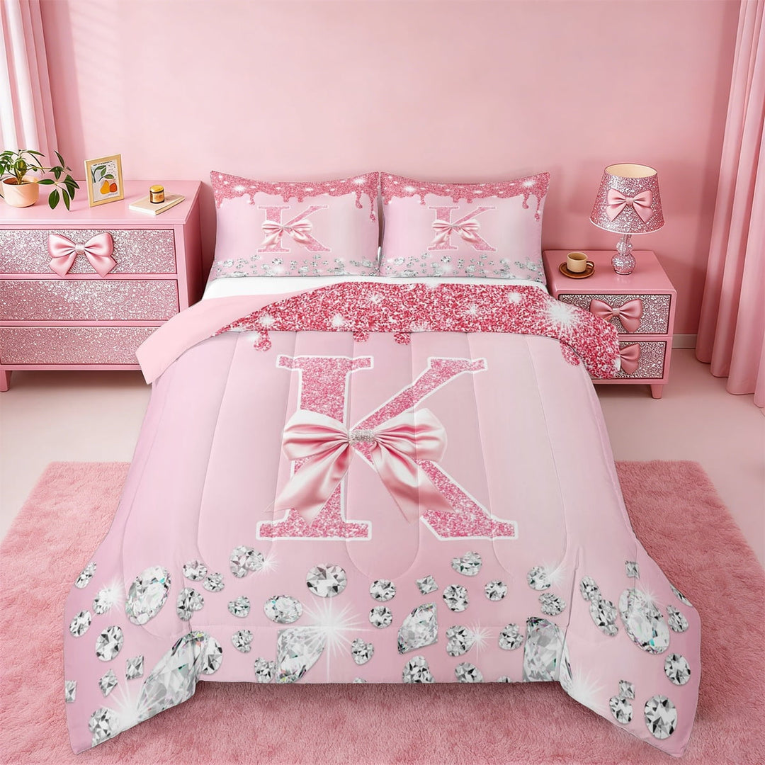 jejeloiu Personalized Gifts Diamond Bedding Comforter Set,Bowtie Letter K Twin Comforter Sets,Pink Sequin Print Bedding Set For Children,Lightweight Room Decoration Reversible,2-Piece