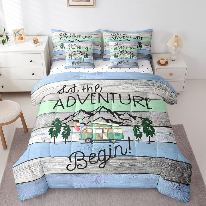 Erosebridal Cartoon Car Bedding Sets Twin Size,Happy Camping Comforter Sets with Sheets,Lodge Cabin Bed in a Bag Twin size,Breathable Boys Bedroom Decor,Reversible,7pcs