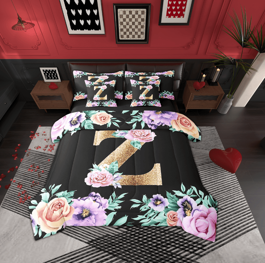 Erosebridal Kawaii Initial Letter Bed in a Bag, Monogrammed Z Bed Set, Vintage Flower Reversible Comforter Sets, Super Cozy Bedroom Decor, 7pcs