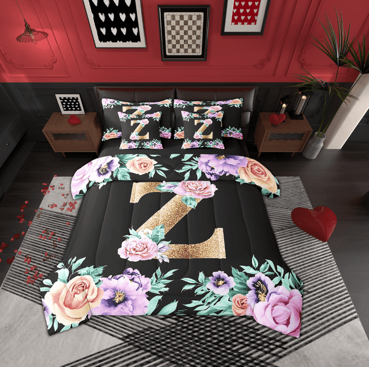 Erosebridal Kawaii Initial Letter Bed in a Bag, Monogrammed Z Bed Set, Vintage Flower Reversible Comforter Sets, Super Cozy Bedroom Decor, 7pcs