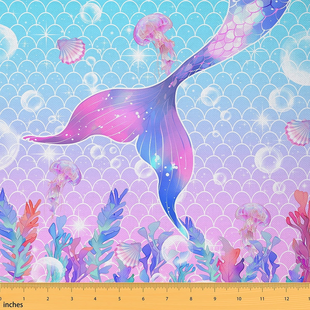 Manfei Aesthetic Mermaid Tail Sewing &amp; Crafting Fabric (1 Yard), Dreamy Underwater World Home Decor Fabric by the Yard, Fish Scales DIY Fabric