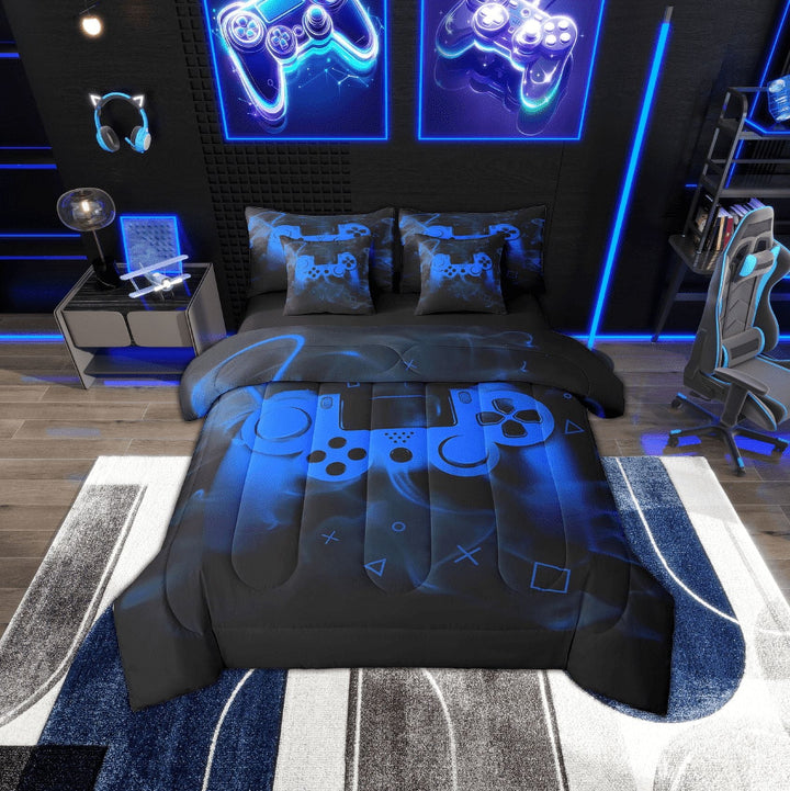 Erosebridal Teenage Gamer Bedding Sets Twin Size, Gaming Video Game Comforter Sets with Sheets, Blue Gamepad Room Decor, Reversible 7-Piece