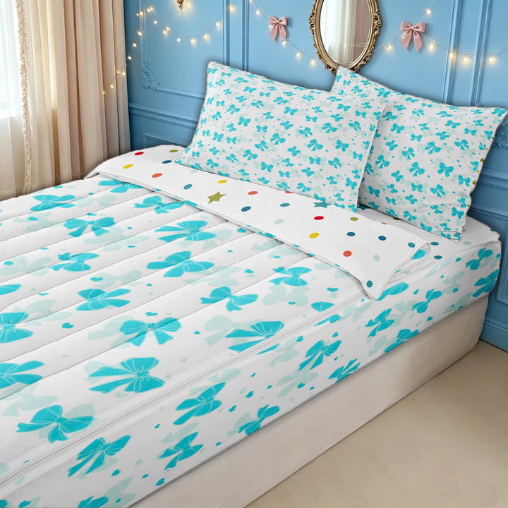 meiyoeat Blue Bow Zipper Full Size Comforter Sets with Fitted Sheet and 2 Pillowcases for Kids Girls, Watercolor Ribbon Zipper Bedding Set for Bedroom, Turquoise, Polkadot ReversibleG