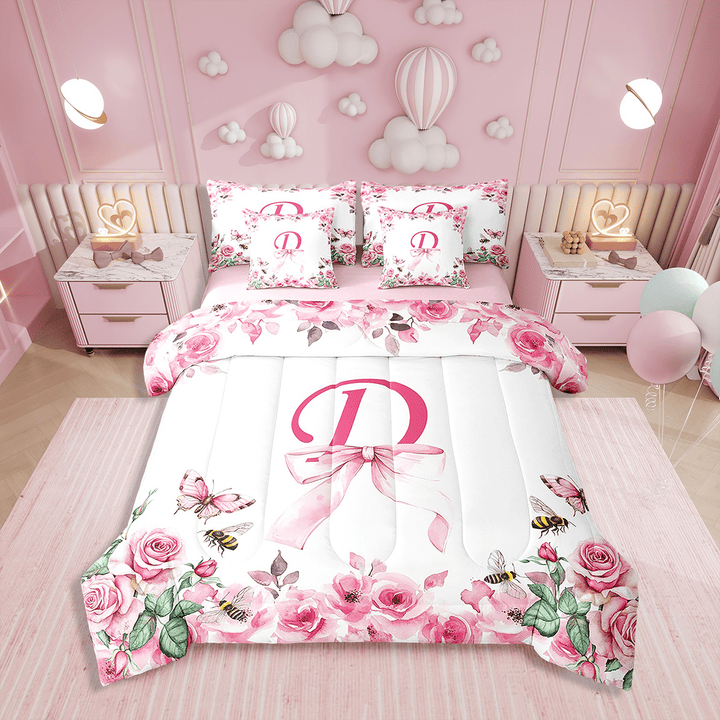 Erosebridal Comforters Twin Size Set with Sheets Initial Letter Bedding,7 Pieces Bed in a Bag Twin Bowknot Alphabet Bedding Sets with Comforter,Sheets,Pillowcases and Shams