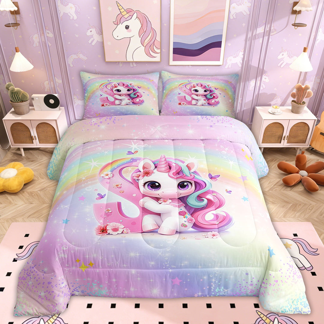 Erosebridal Pink Unicorn Comforter Sets Twin Size, Initial S Letter Comforters &amp; Duvets, Cartoon Animal Decor, Reversible