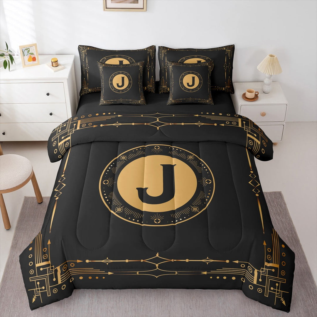 Manfei Personalized Gifts 7 Pieces Bedding Comforter Set,Black Letter J Full Bedding Set,Boho bohemian Theme Fitted Sheet Flat Sheet For Princess,Lightweight Room Decoration Reversible