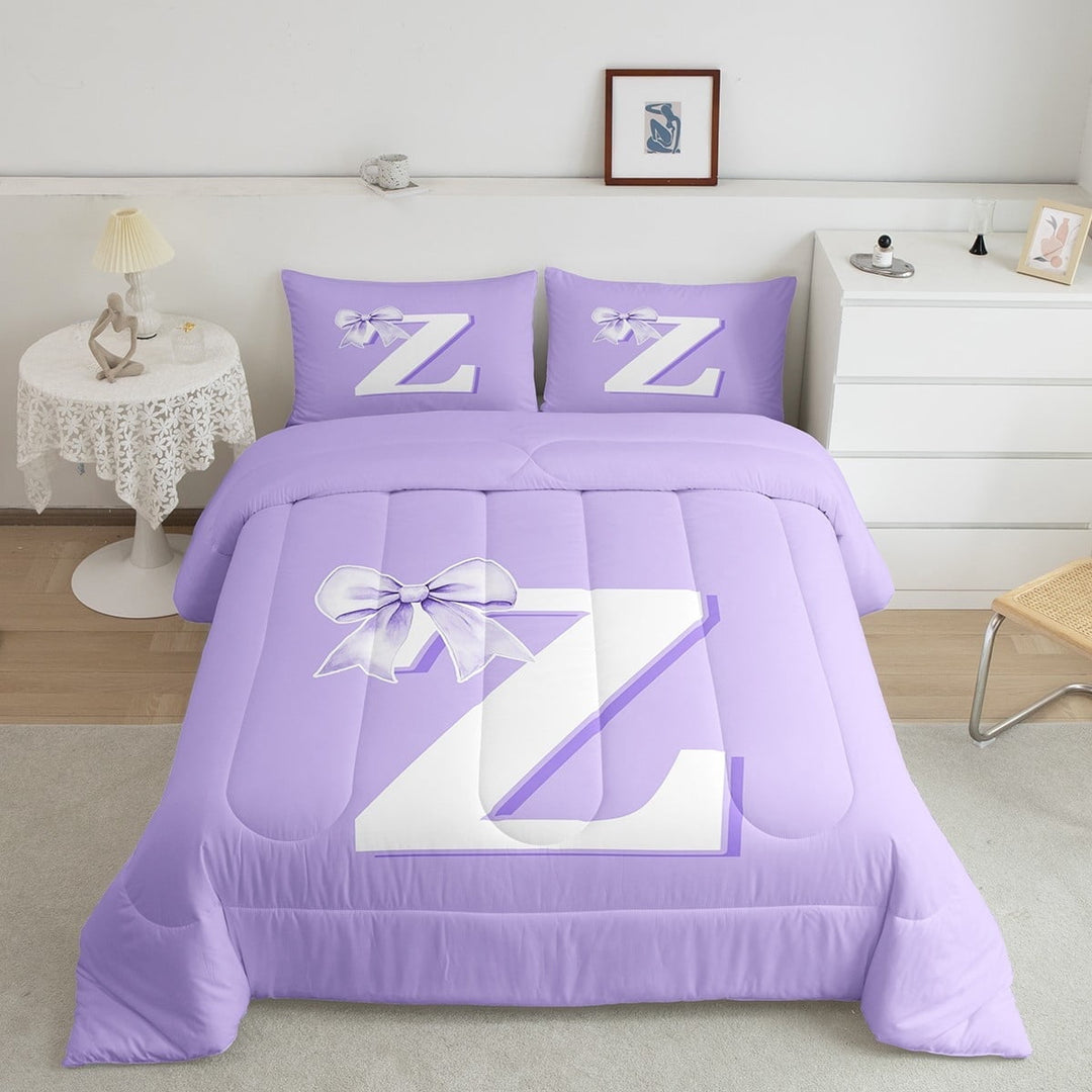 Erosebridal Initial Letter Z Comforter Sets Full Size,Kawaii Bowtie Comforters &amp; Duvets,Purple Bow Bedding Full Comforter Set For Birls,Bedroom Decoration,3-Piece