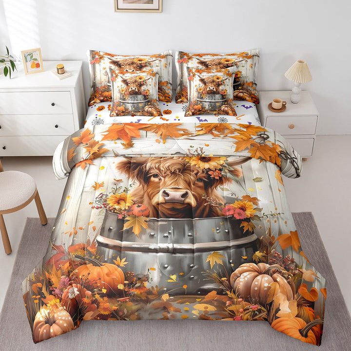 YST 7 Piece Highland Cow Queen Bedding Set,Autumn Leaves Pumpkin Bed Set Fall Harvest Home Decor,Thanksgiving Gifts Farmhouse Animal Bed in a Bag with Fitted Sheet,Flat Sheet,Pillowcases