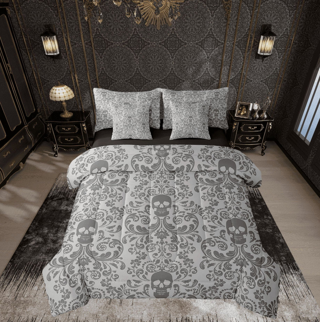 Damask Gothic Bedding Set Adults Antique Victorian Bed in a Bag King Size Comforter Set 7 Pieces,Sliver Grey Sugar Skull Sheet Set Vintage Floral Goth Bed Set,Exotic Bone Skeleton Bohemian Decor