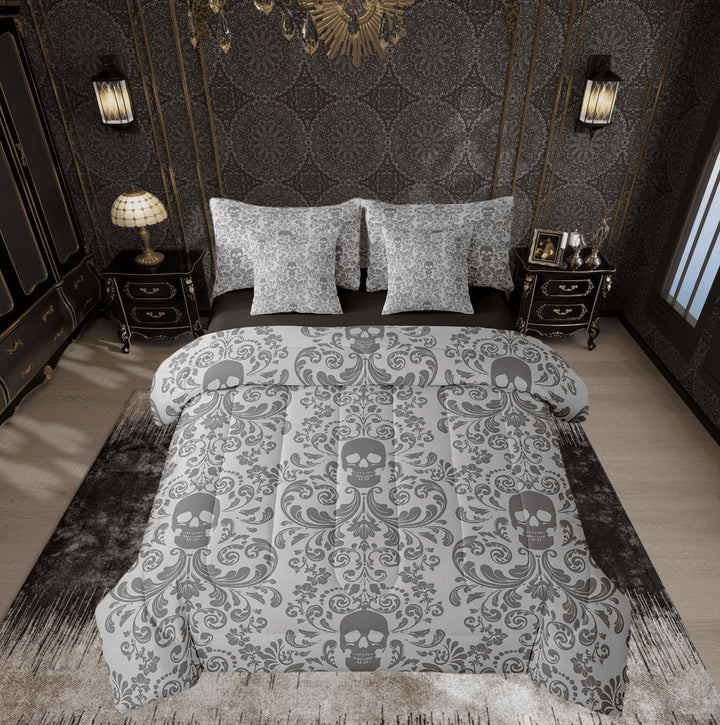 Damask Gothic Bedding Set Adults Antique Victorian Bed in a Bag King Size Comforter Set 7 Pieces,Sliver Grey Sugar Skull Sheet Set Vintage Floral Goth Bed Set,Exotic Bone Skeleton Bohemian Decor