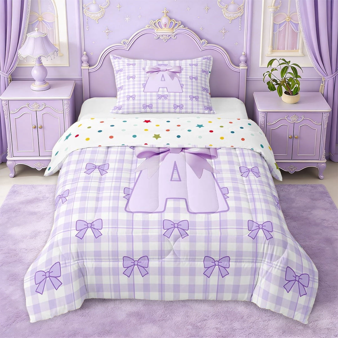 Erosebridal Purple Ribbon Bow Twin Comforter Sets For Girls, Letter A Initial Kids Bedding Set,Reversible,2-Piece