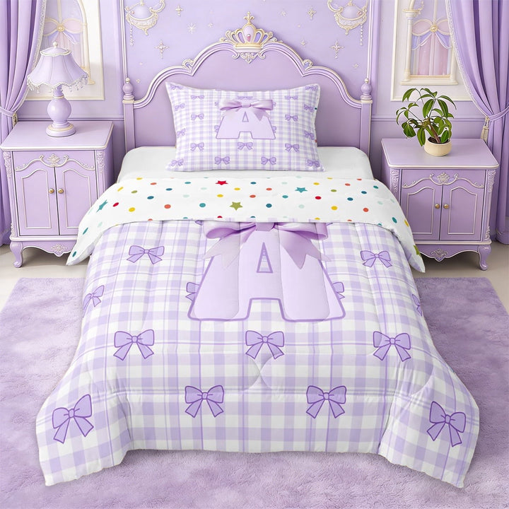 Erosebridal Purple Ribbon Bow Twin Comforter Sets For Girls, Letter A Initial Kids Bedding Set,Reversible,2-Piece