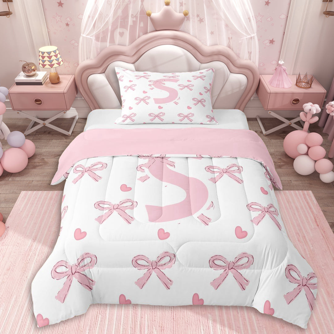 Erosebridal Personalized Initial S Twin Comforter Sets 3-Piece For Girls,Pink Ribbon Bow Bedding Set,Pink Reversible,Ultra Soft Home Decor