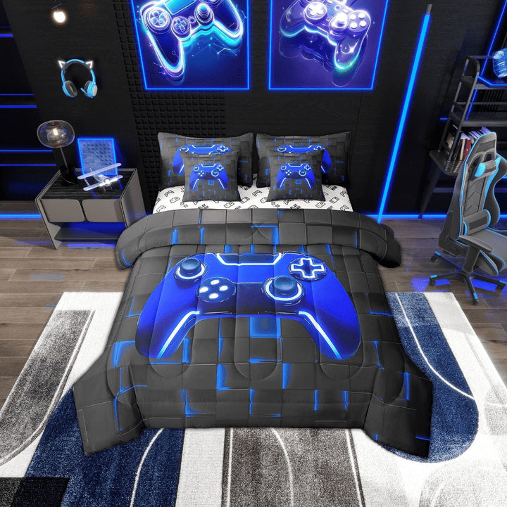 Erosebridal Gradient Gamepad Bedding Twin Size, Neon Blue Futuristic Cubes Comforter Sets with Sheets, Game Room Decor, Reversible 7pcs