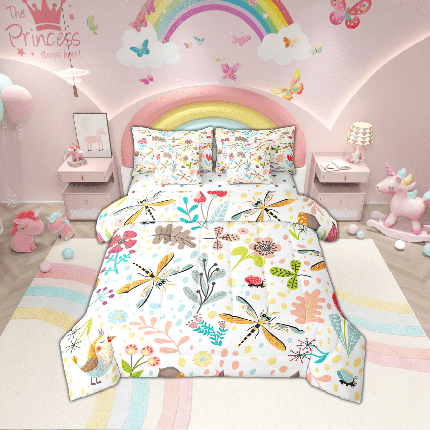 Dragonfly Full Size Comforter Set With Sheets Cute Dragonfly Bed In A Bag 7 Piece ,Cartoon Woodland Bedding Set,Nature Botanical Floral Sheet Set With Comforter