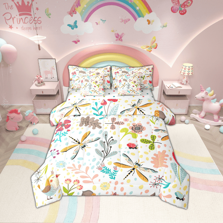 Dragonfly Full Size Comforter Set With Sheets Cute Dragonfly Bed In A Bag 7 Piece ,Cartoon Woodland Bedding Set,Nature Botanical Floral Sheet Set With Comforter