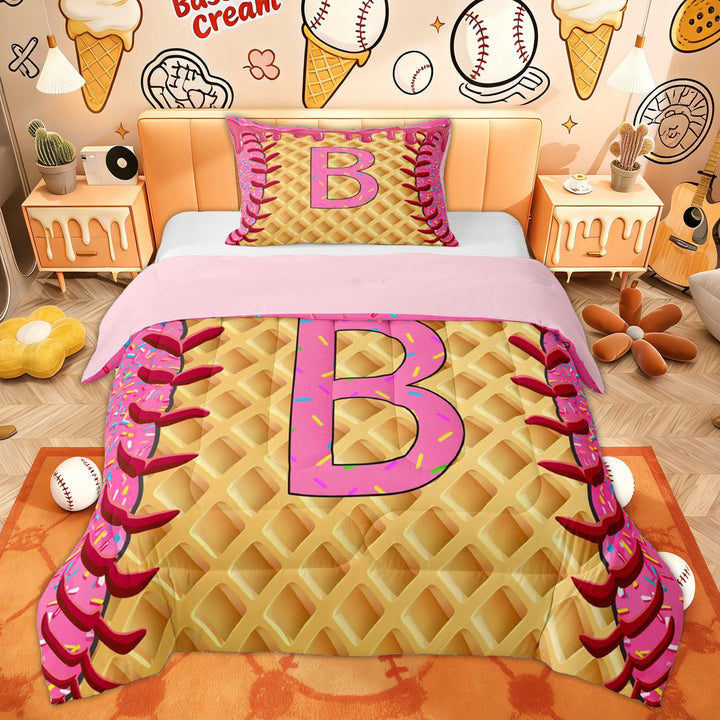 Erosebridal Baseball Ice Cream Twin Comforter Sets for Kids, Initial B Letter Bedding Set, Pink Reversible, 2pcs
