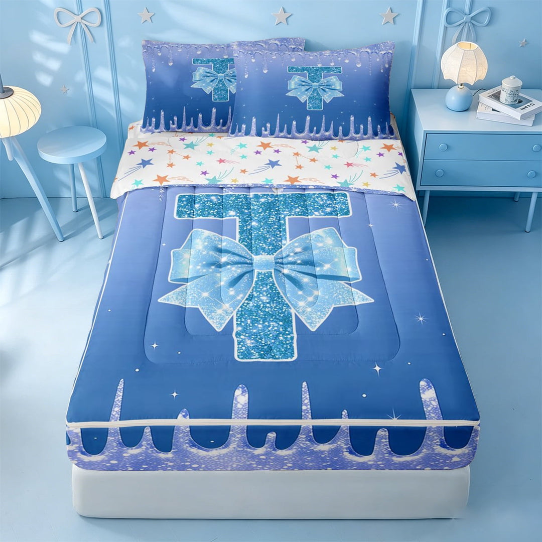 meiyoeat Ice Sequin Print Monogram T Zipper Twin Comforter Sets with Fitted Sheet and 2 Pillowcases,Blue Bowknot Initial Aesthetic Zipper Bedding Set For Girl,Colorful Stars Reversible,4 Pieces